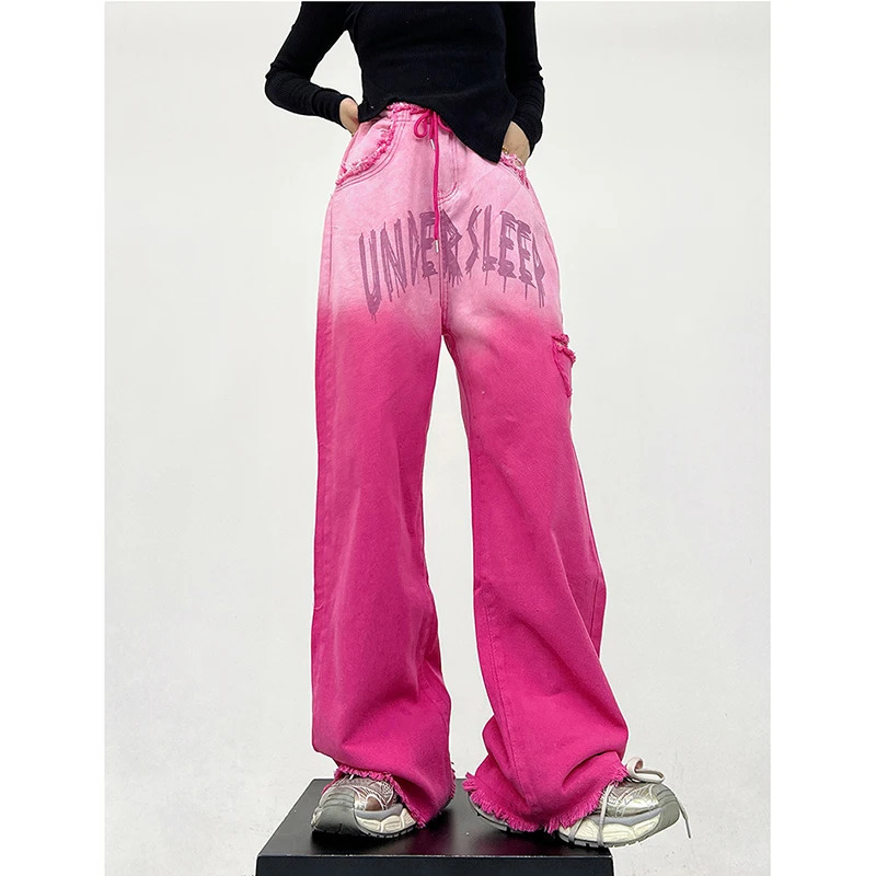 Y2K Vintage Pink High Waist Wide Leg Jeans - American Street Style Fashion