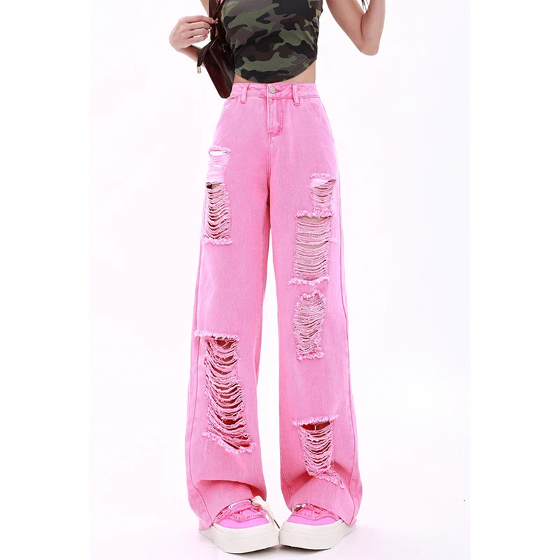 Y2K Vintage Pink High Waist Wide Leg Jeans - American Streetwear Fashion