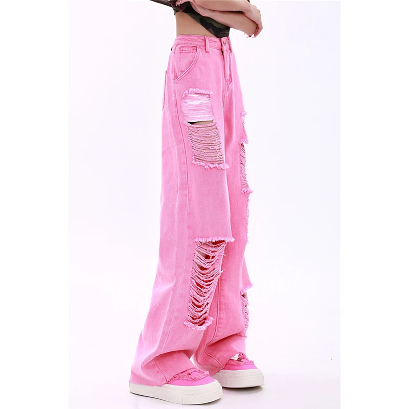 Y2K Vintage Pink High Waist Wide Leg Jeans - American Streetwear Fashion