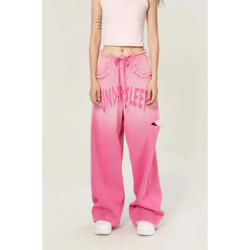 Y2K Vintage Pink Jeans: Dilapidated Street Style Wide Leg Pants