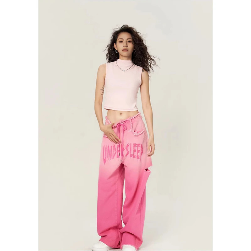 Y2K Vintage Pink Jeans: Dilapidated Street Style Wide Leg Pants