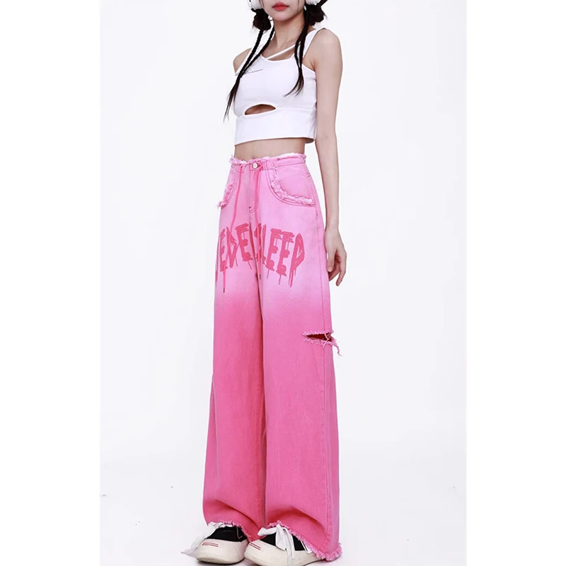 Y2K Vintage Pink Jeans: High Waist Wide Leg Street Fashion Hip Hop Summer Trousers