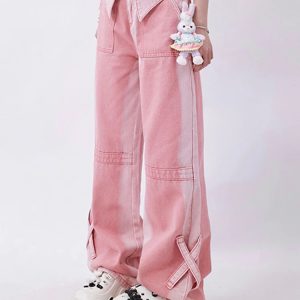 Y2K Vintage Pink Jeans: High Waist Wide Leg Street Fashion Hip Hop Summer Trousers