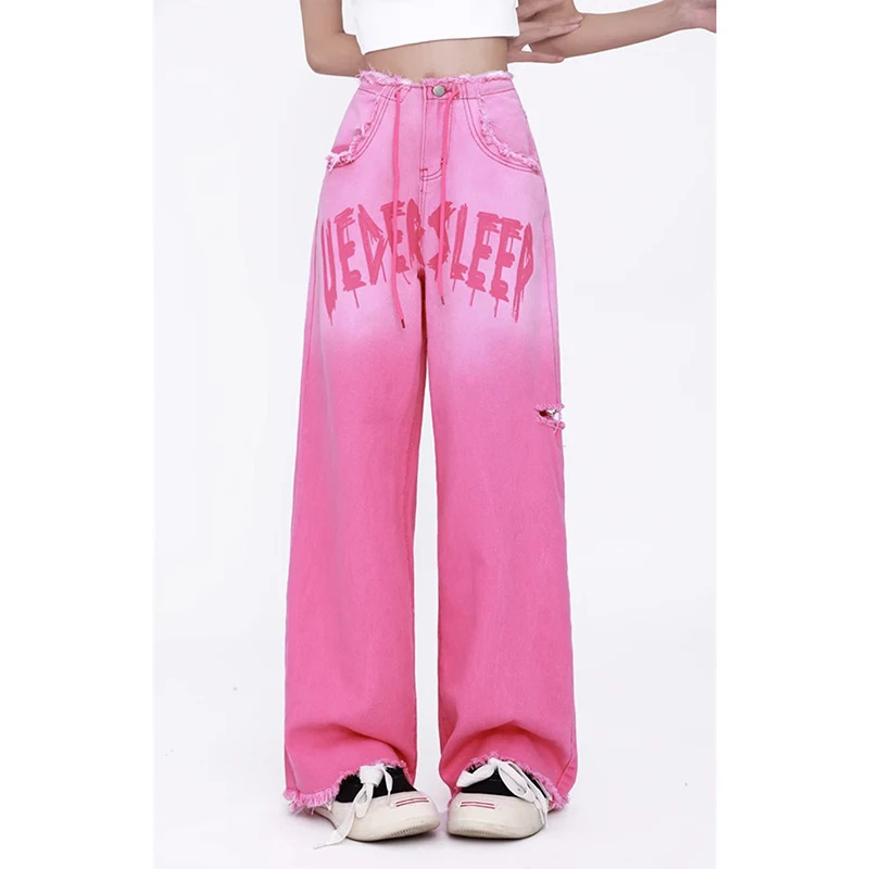 Y2K Vintage Pink Jeans: High Waist Wide Leg Street Fashion Hip Hop Summer Trousers