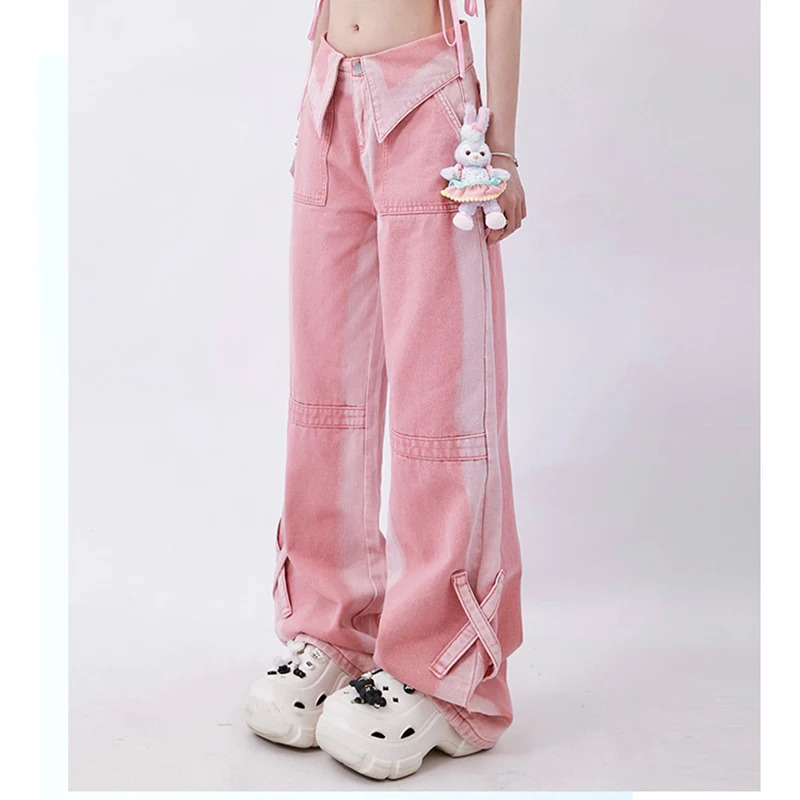 Y2K Vintage Pink Jeans: High Waist Wide Leg Street Fashion Hip Hop Summer Trousers