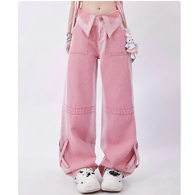 Y2K Vintage Pink Jeans: High Waist Wide Leg Street Fashion Hip Hop Summer Trousers