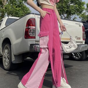 Y2K Vintage Pink Zipper High Waist Patchwork Jeans - Women's Casual Baggy Wide Leg Denim Trouser