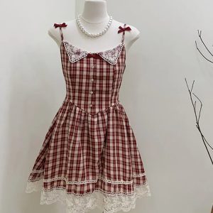 Y2K Vintage Plaid Lace Mini Dress - 90s Grunge Summer Outfit, Retro Party Fashion