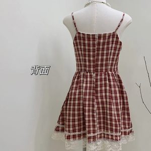 Y2K Vintage Plaid Lace Mini Dress - 90s Grunge Summer Outfit, Retro Party Fashion