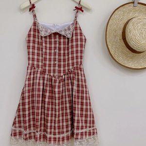 Y2K Vintage Plaid Lace Mini Dress - 90s Grunge Summer Outfit, Retro Party Fashion