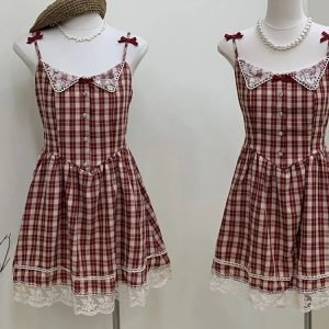 Y2K Vintage Plaid Lace Mini Dress - 90s Grunge Summer Outfit, Retro Party Fashion