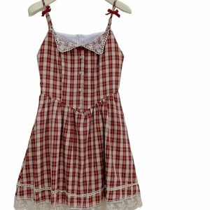 Y2K Vintage Plaid Lace Mini Dress - 90s Grunge Summer Outfit, Retro Party Fashion