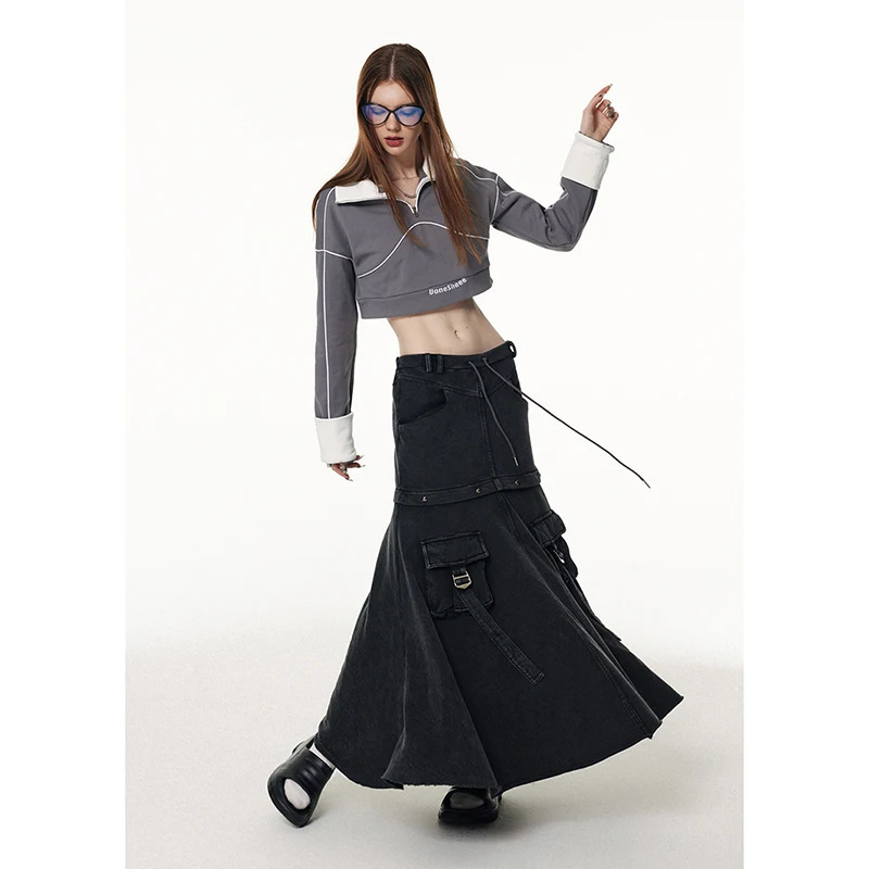 Y2K Vintage Pocket Baggy Black Denim Skirt - Women's Grunge High Waist A-Line Streetwear Fashion