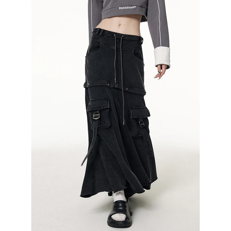 Y2K Vintage Pocket Baggy Black Denim Skirt - Women's Grunge High Waist A-Line Streetwear Fashion