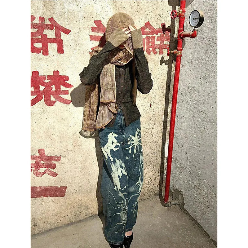 Y2k Vintage Print Jeans - Women's Aesthetic Baggy Denim Trousers