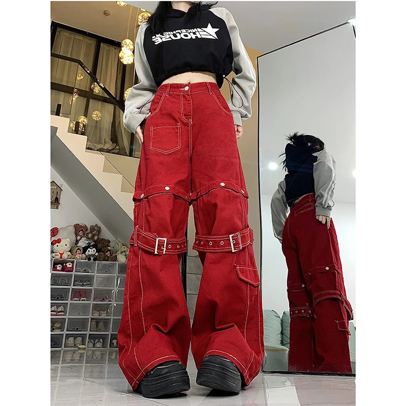 Y2K Vintage Red Cargo Pants: High Street Fashion with Multiple Pockets, Straight Fit, and Wide Leg - Women's