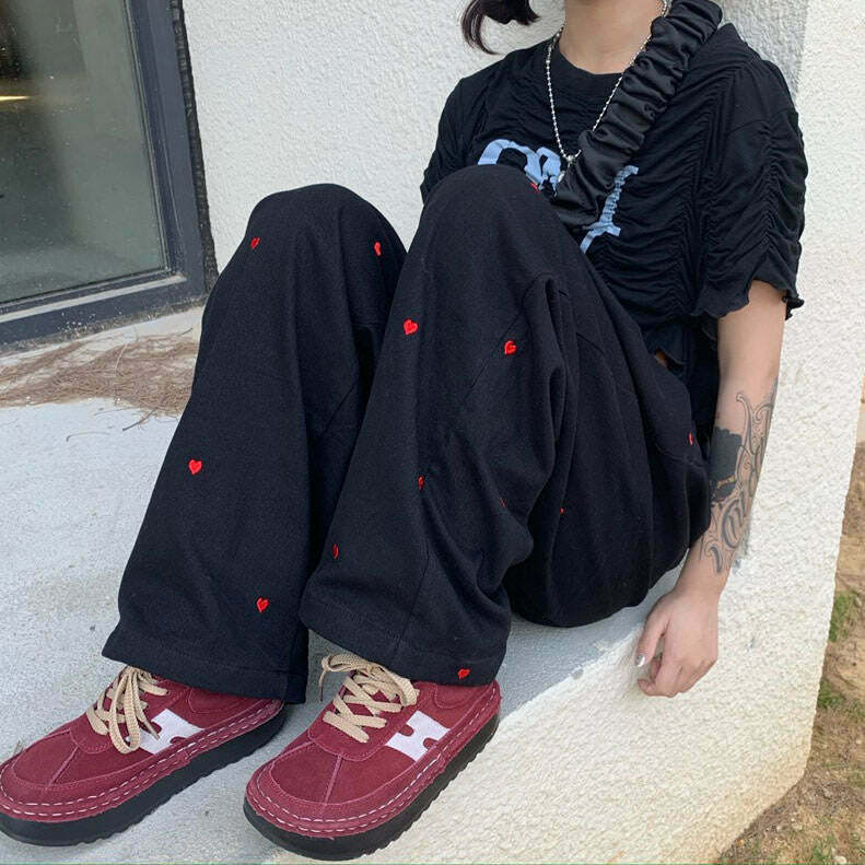 Y2K Vintage Red Hearts Pants - 90s Grunge Summer Outfit, Retro Y2K Fashion, Gothic Style