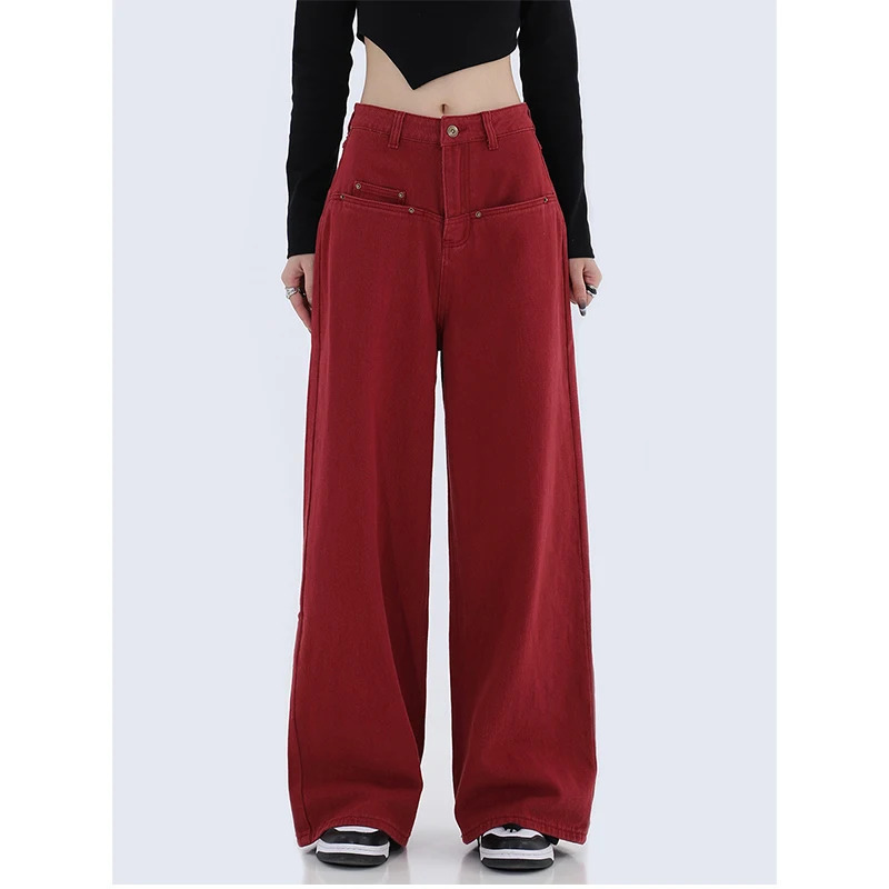 Y2K Vintage Red High Waist Straight Jeans - Casual High Street Style Pants for Women