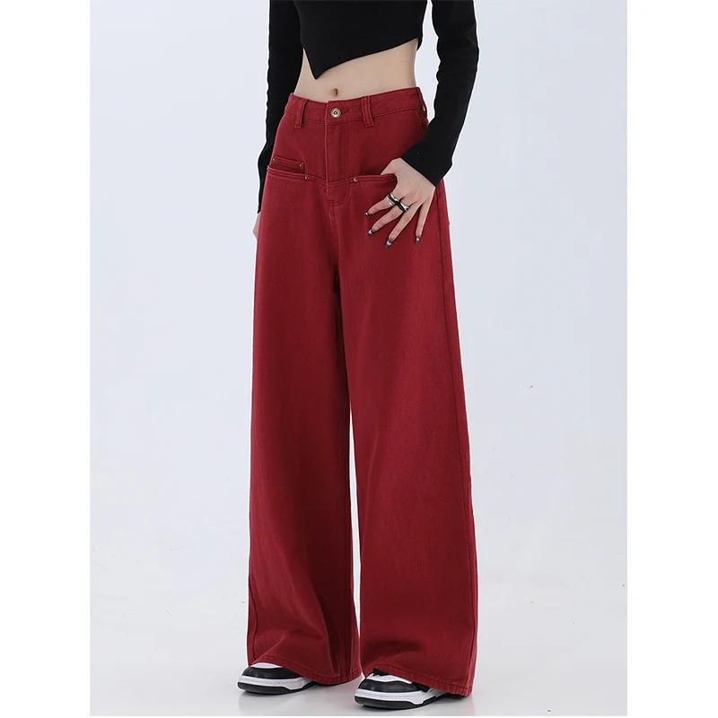 Y2K Vintage Red High Waist Straight Jeans - Casual High Street Style Pants for Women