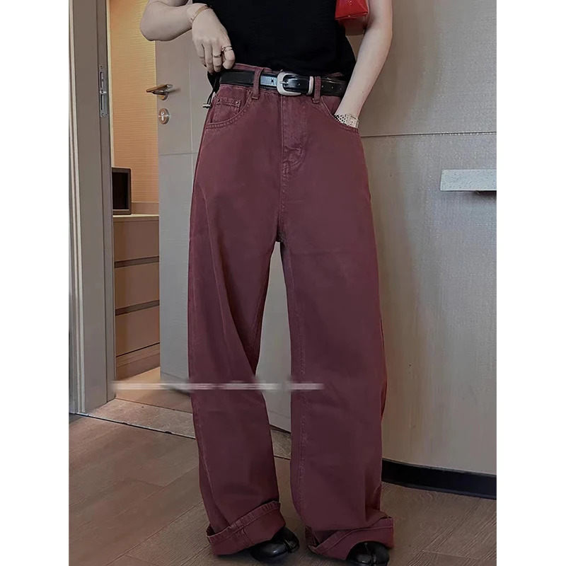 Y2K Vintage Red High Waisted Denim Jeans - Streetwear Fashion Gradient Wide Leg Pants