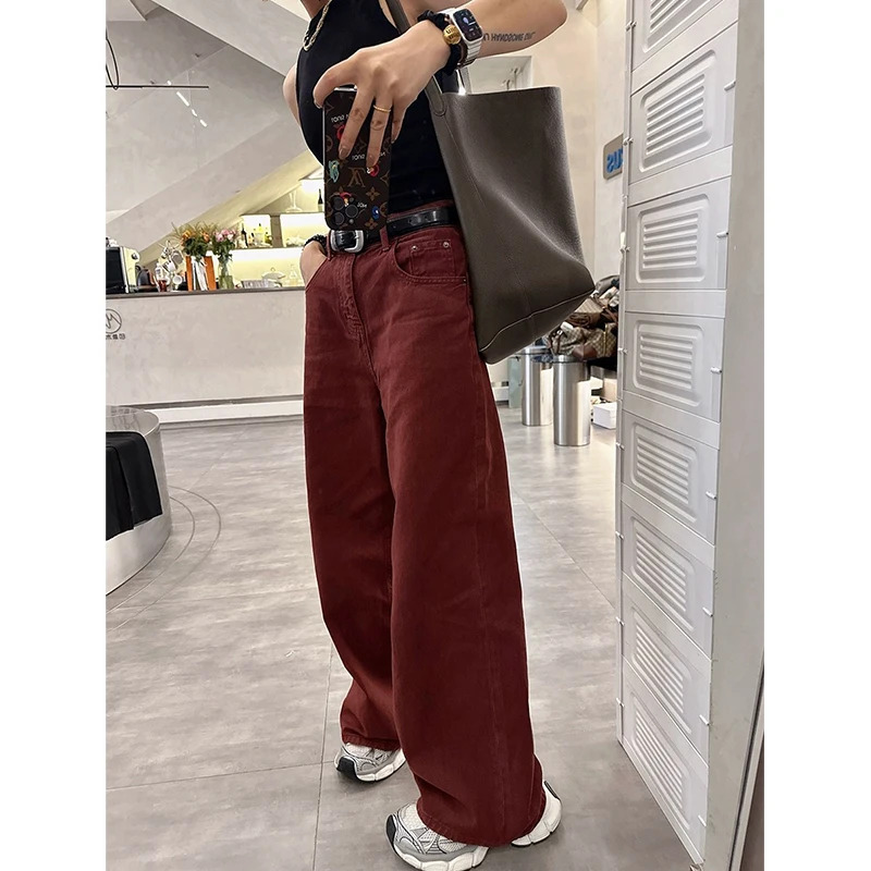 Y2K Vintage Red High Waisted Denim Jeans - Streetwear Fashion Gradient Wide Leg Pants