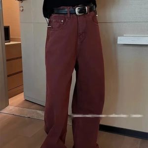 Y2K Vintage Red High Waisted Denim Jeans - Streetwear Fashion Gradient Wide Leg Pants