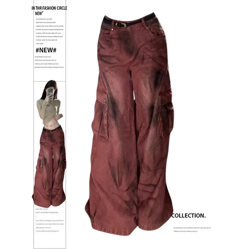 Y2K Vintage Red Oversize Torn Jeans - Women's Aesthetic Baggy Denim Trouser with High Waist -