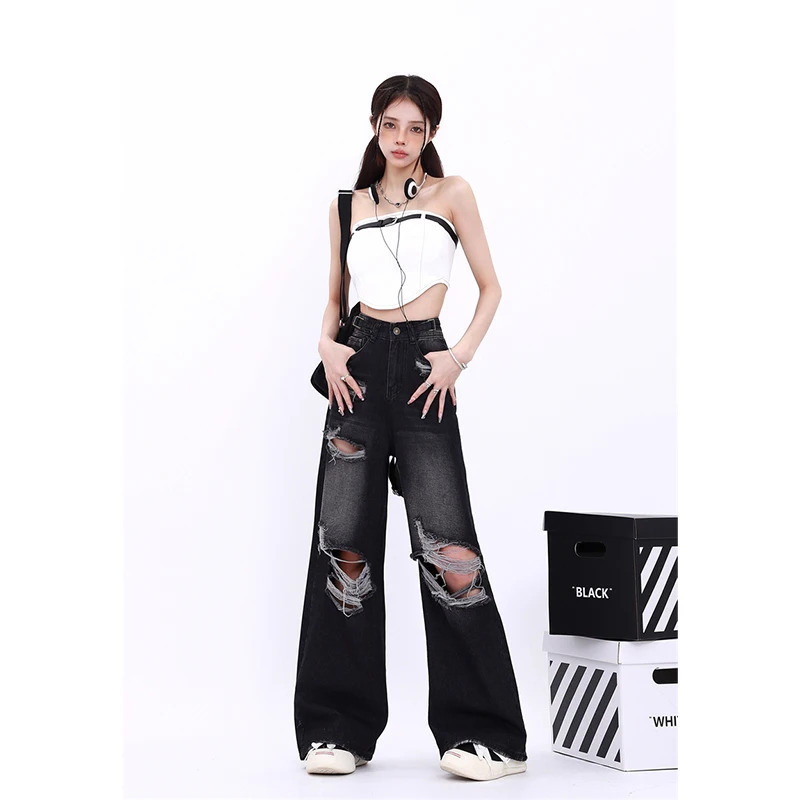 Y2K Vintage Ripped High Waist Wide Leg Jeans - Grunge Streetwear Denim Trousers