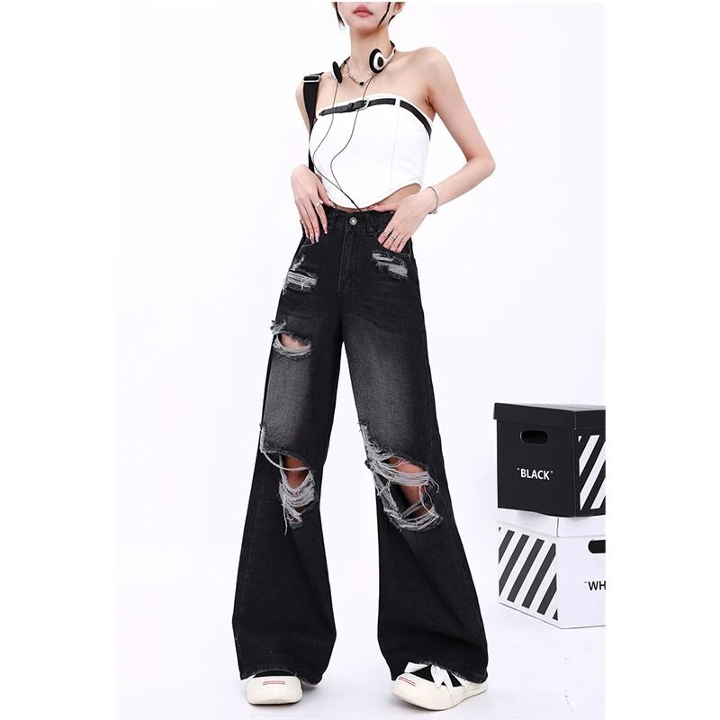 Y2K Vintage Ripped High Waist Wide Leg Jeans - Grunge Streetwear Denim Trousers