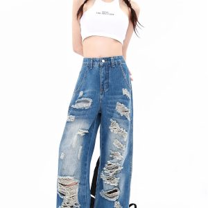 Y2K Vintage Ripped Jeans: High Waist Streetwear Pants with Wide Leg