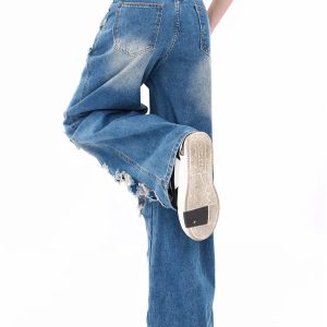 Y2K Vintage Ripped Jeans: High Waist Streetwear Pants with Wide Leg