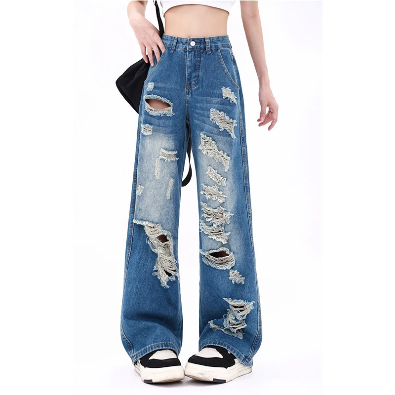 Y2K Vintage Ripped Jeans: High Waist Streetwear Pants with Wide Leg