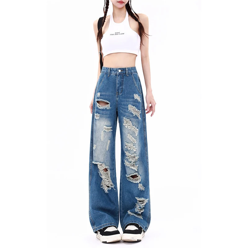 Y2K Vintage Ripped Jeans: High Waist Streetwear Pants with Wide Leg