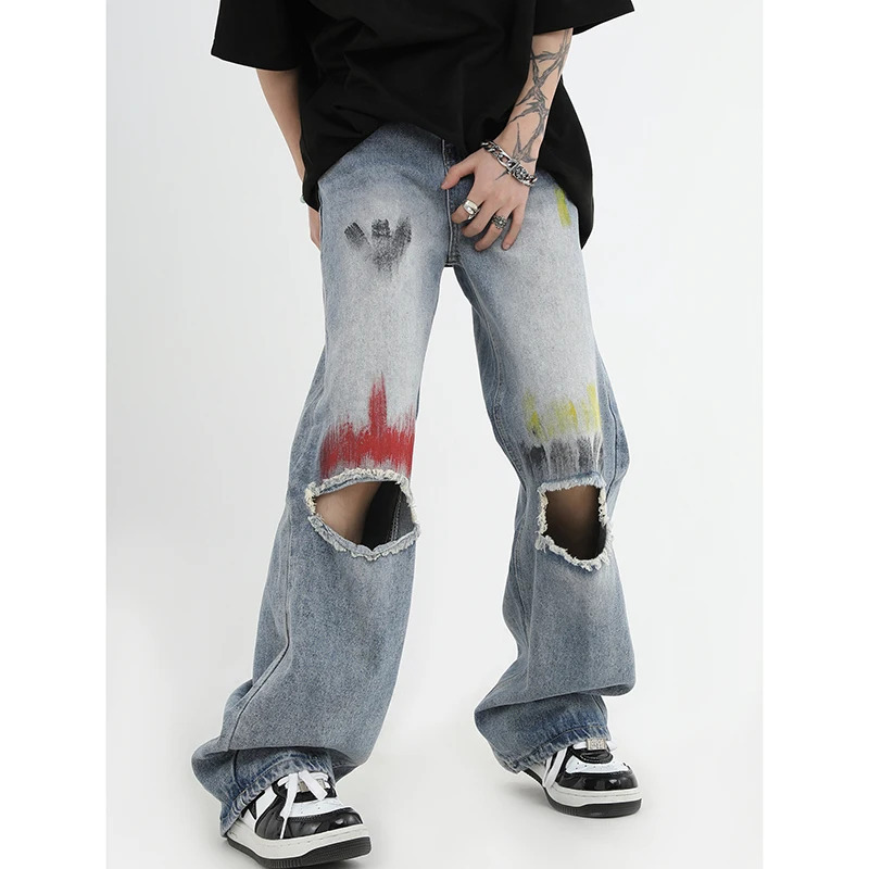 Y2K Vintage Ripped Jeans: Women's Blue High Waist Straight Baggy Pants - Casual Wide Leg Denim Trouser