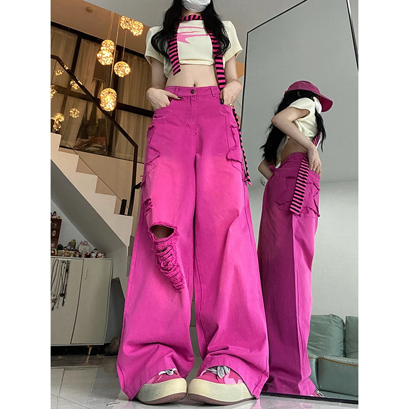 Y2K Vintage Rose Red High Waist Denim Pants with Streetwear Holes