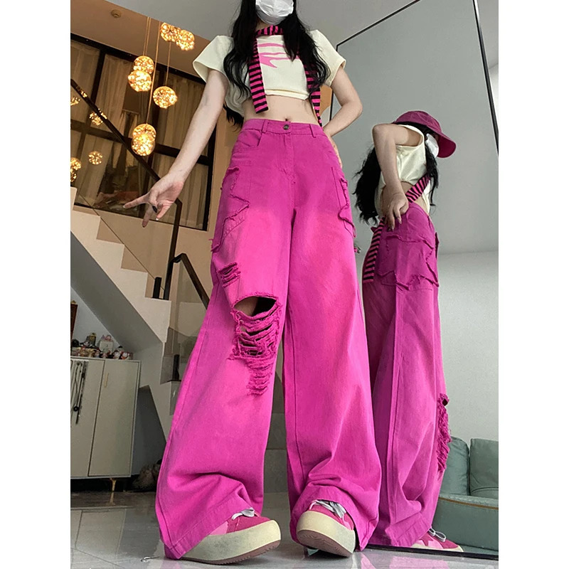 Y2K Vintage Rose Red High Waist Denim Pants with Streetwear Holes