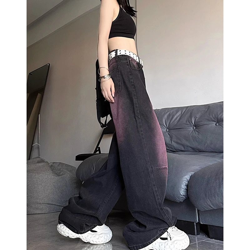 Y2K Vintage Straight Denim Pants with Contrasting Colors - Streetwear Fashion for Women