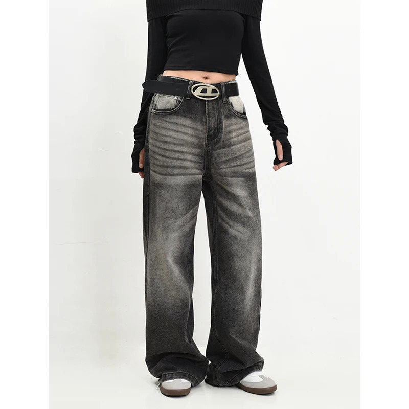 Y2K Vintage Straight Denim Pants with Contrasting Colors - Streetwear Fashion for Women