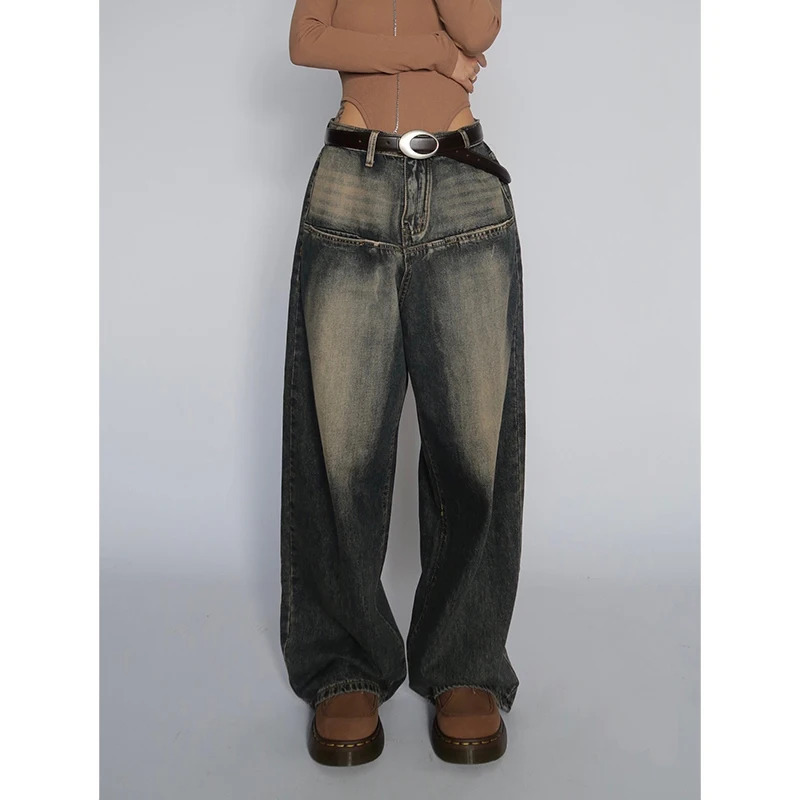 Y2K Vintage Straight Denim Pants with Contrasting Colors - Streetwear Fashion for Women