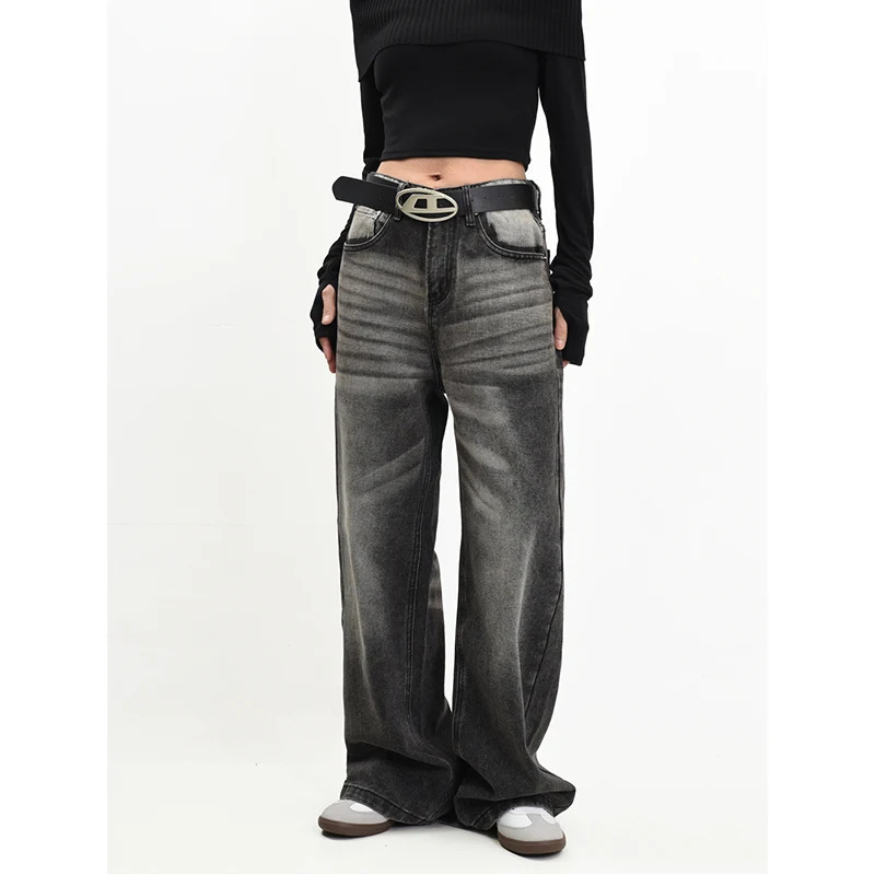 Y2K Vintage Straight Denim Pants with Contrasting Colors - Streetwear Fashion for Women