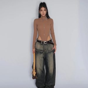 Y2K Vintage Straight Denim Pants with Contrasting Colors - Streetwear Fashion for Women