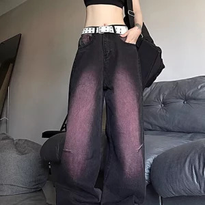 Y2K Vintage Straight Denim Pants with Contrasting Colors - Streetwear Fashion for Women