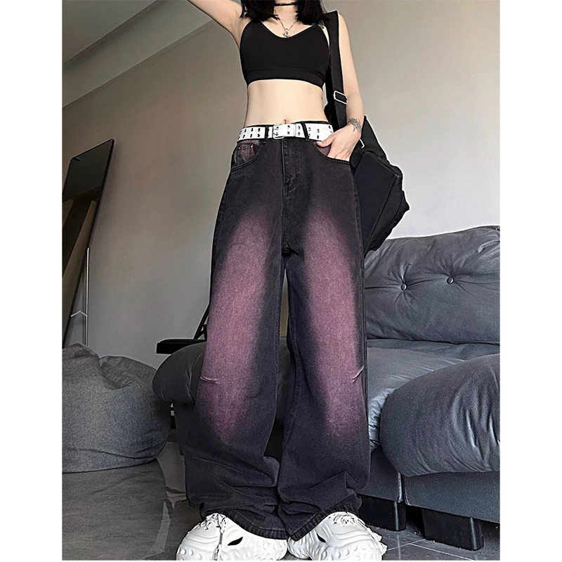 Y2K Vintage Straight Denim Pants with Contrasting Colors - Streetwear Fashion for Women