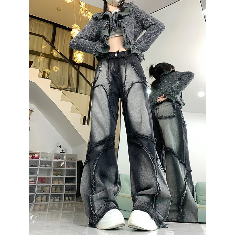 Y2K Vintage Street Style High Waist Wide Leg Jeans - Black Women's Fashion Hip Hop Retro Trousers