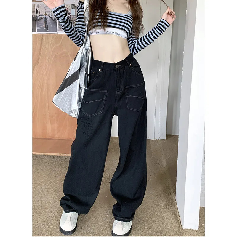 Y2K Vintage Streetwear Blue High Waist Wide Leg Jeans - Retro American Style Women's Denim Trouser