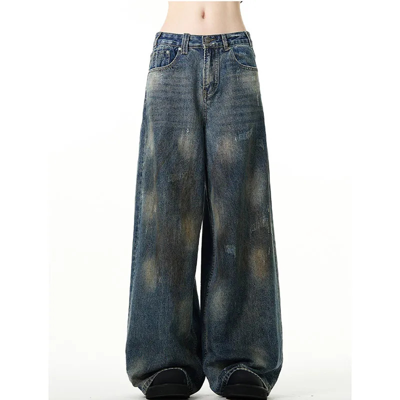 Y2K Vintage Streetwear Blue High Waist Wide Leg Jeans - Retro American Style Women's Denim Trouser