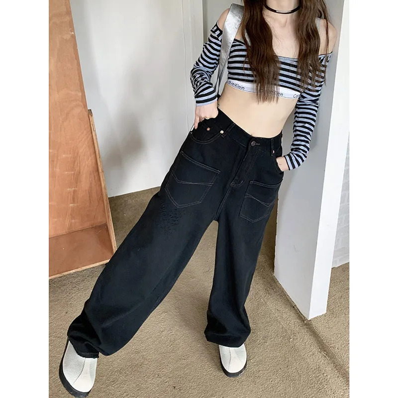 Y2K Vintage Streetwear Blue High Waist Wide Leg Jeans - Retro American Style Women's Denim Trouser