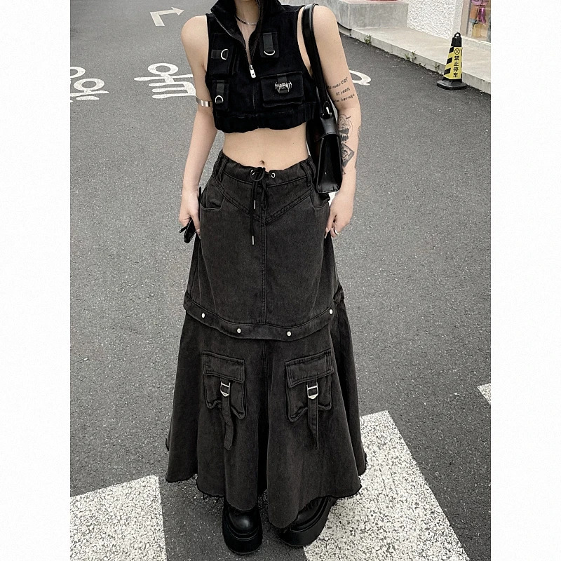 Y2K Vintage Streetwear Denim Skirt - Grunge High Waist A-Line with Pockets