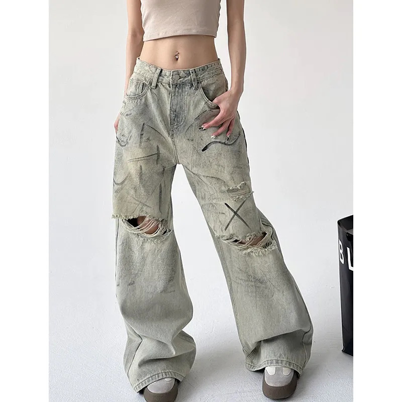 Y2K Vintage Streetwear High Waist Blue Jeans - Hip-hop Style Wide Leg Ripped Denim Pants