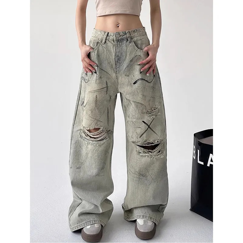 Y2K Vintage Streetwear High Waist Blue Jeans - Hip-hop Style Wide Leg Ripped Denim Pants